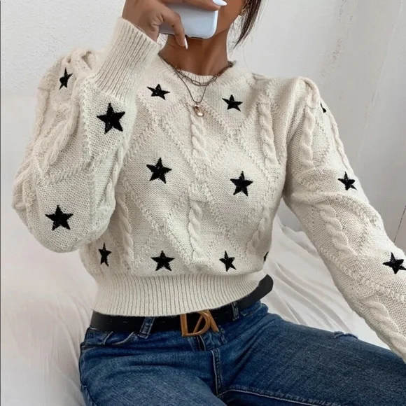 Star sweater cable knit womens cream white top long sleeve - Picture 1 of 6